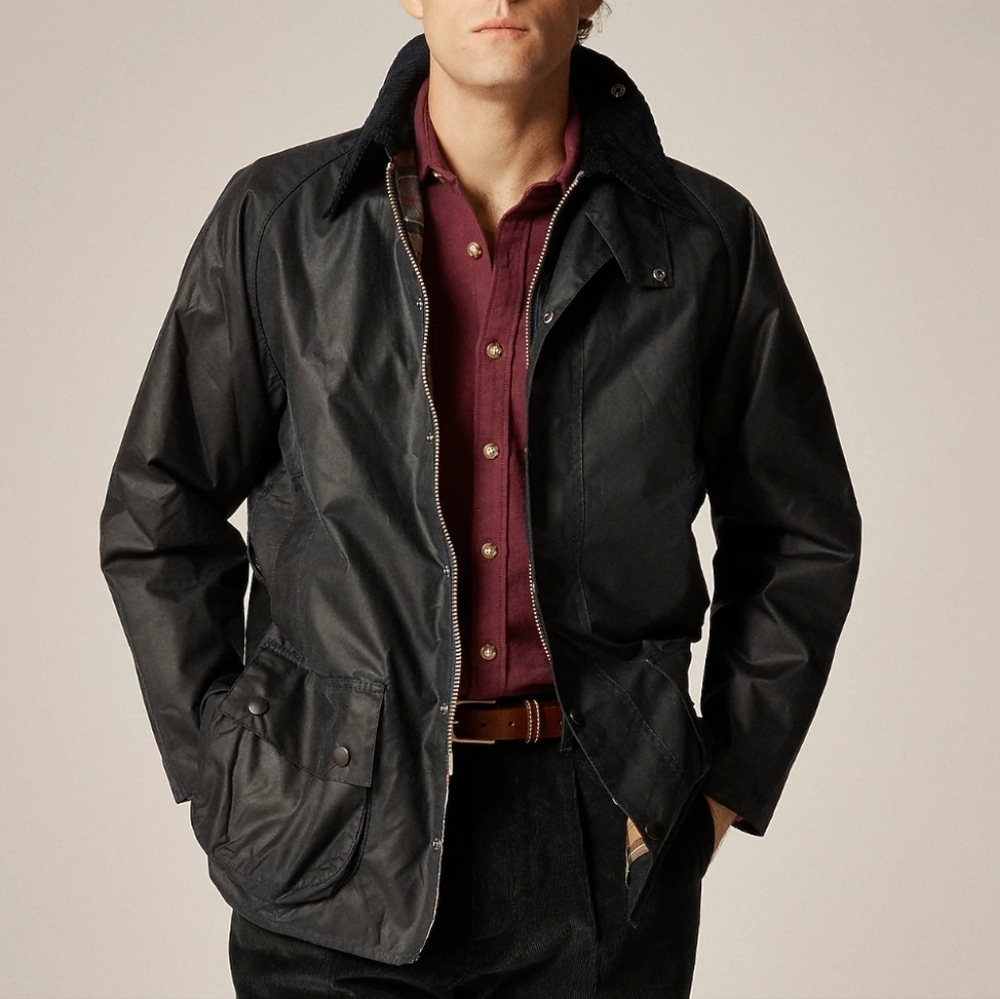 J. Crew / Barbour Beaufort Waxed Jacket - Navy, Tartan plaid lined